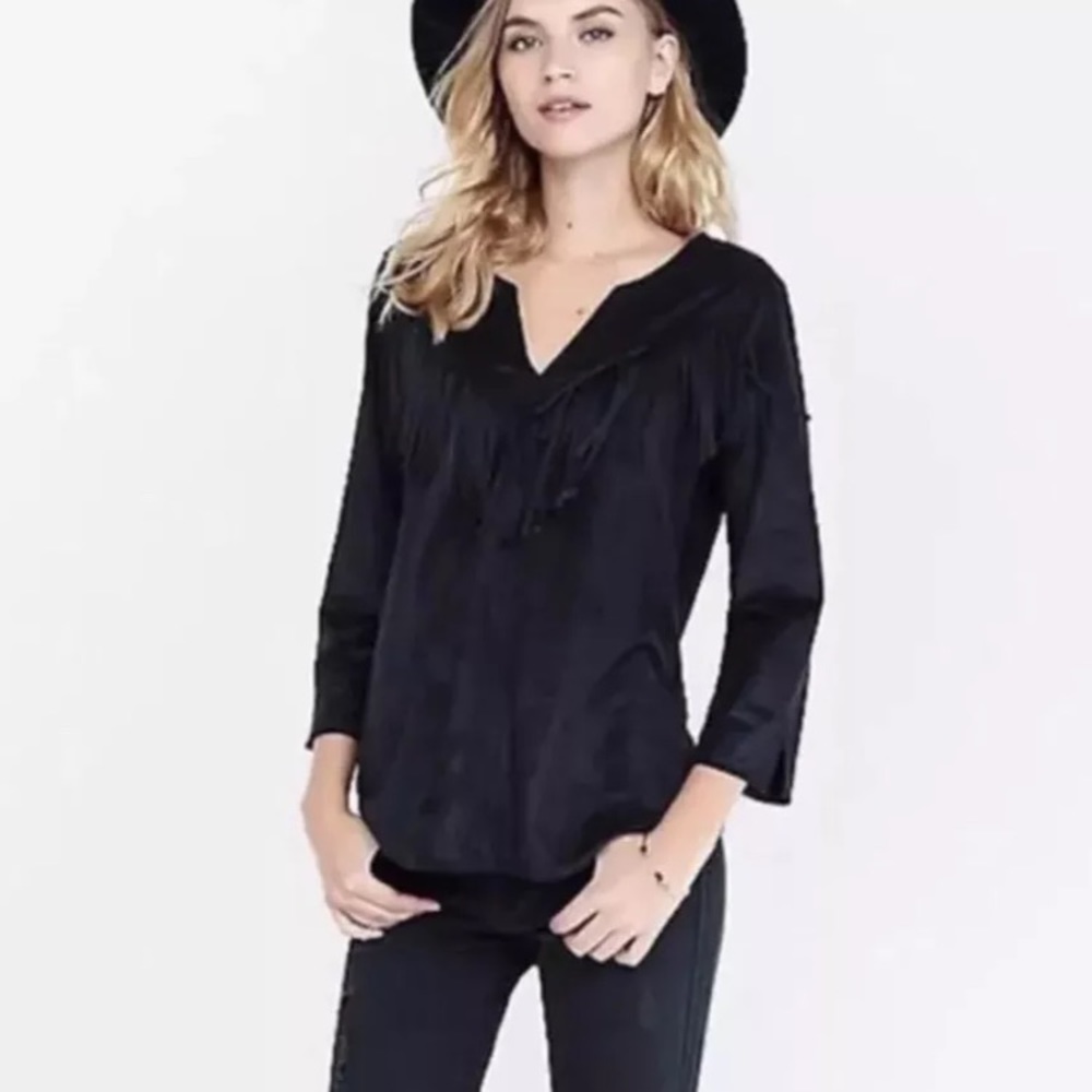 Express Black Faux Suede Fringe 3/4 Sleeve XS,S,M